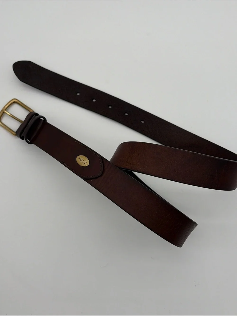 Vintage POLO RALPH LAUREN Leather Belt Mens 38 Brown Brass Buckle Oval Plaque